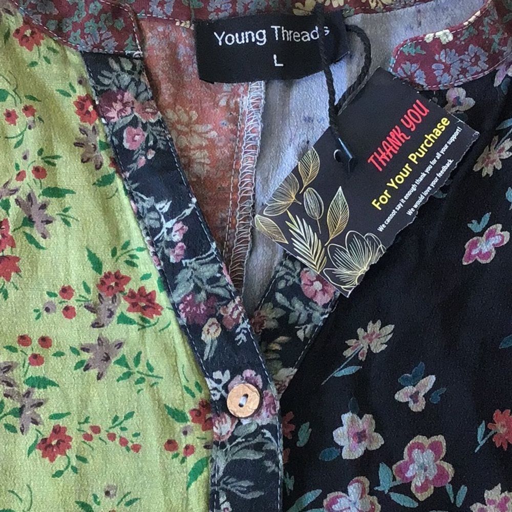 Young Threads Earth Tone Complimentary Asymetrical Floral Patchwork Ruffle Dress - Picture 15 of 16